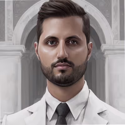 Professional portrait of a person in a white coat and tie